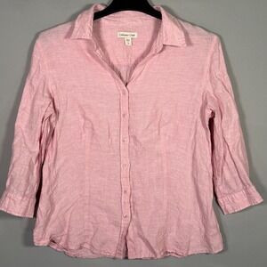 Coldwater Creek Size L 14 Pink 100% Linen Blouse Button Down 3/4 Sleeve Collar